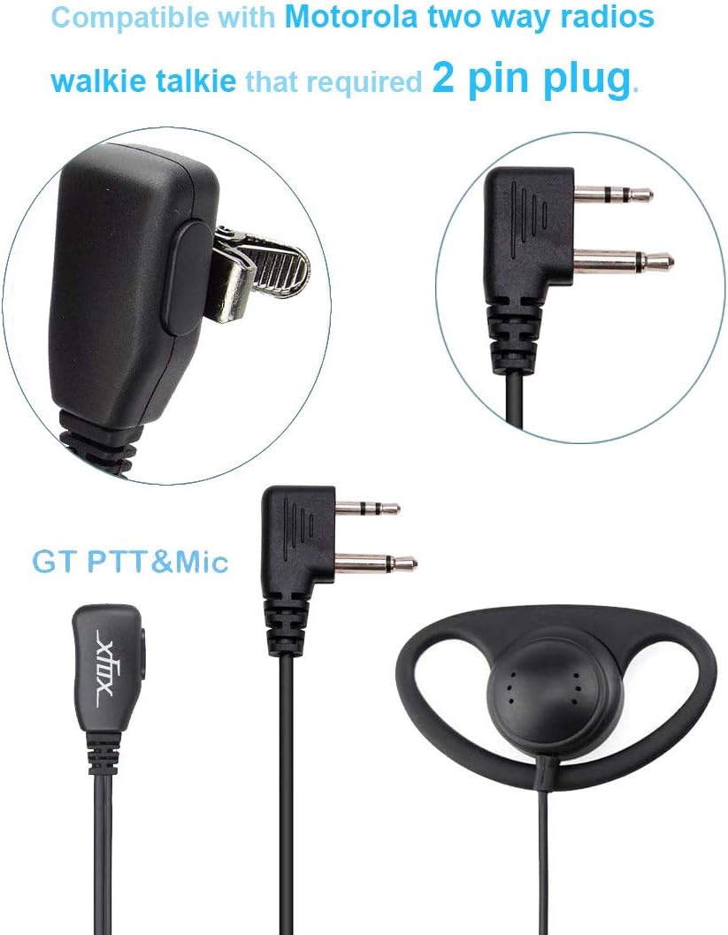XFOX® 2Pin Advanced D Shape Clip-Ear PTT Headset Earpiece Mic for Motorola 2 Way Radios GP88S GP300 GP68 GP2000 GP88 GP3188 CP040 CP1200 A8 A6 A10 A12 Walkie Talkies(2Pack)