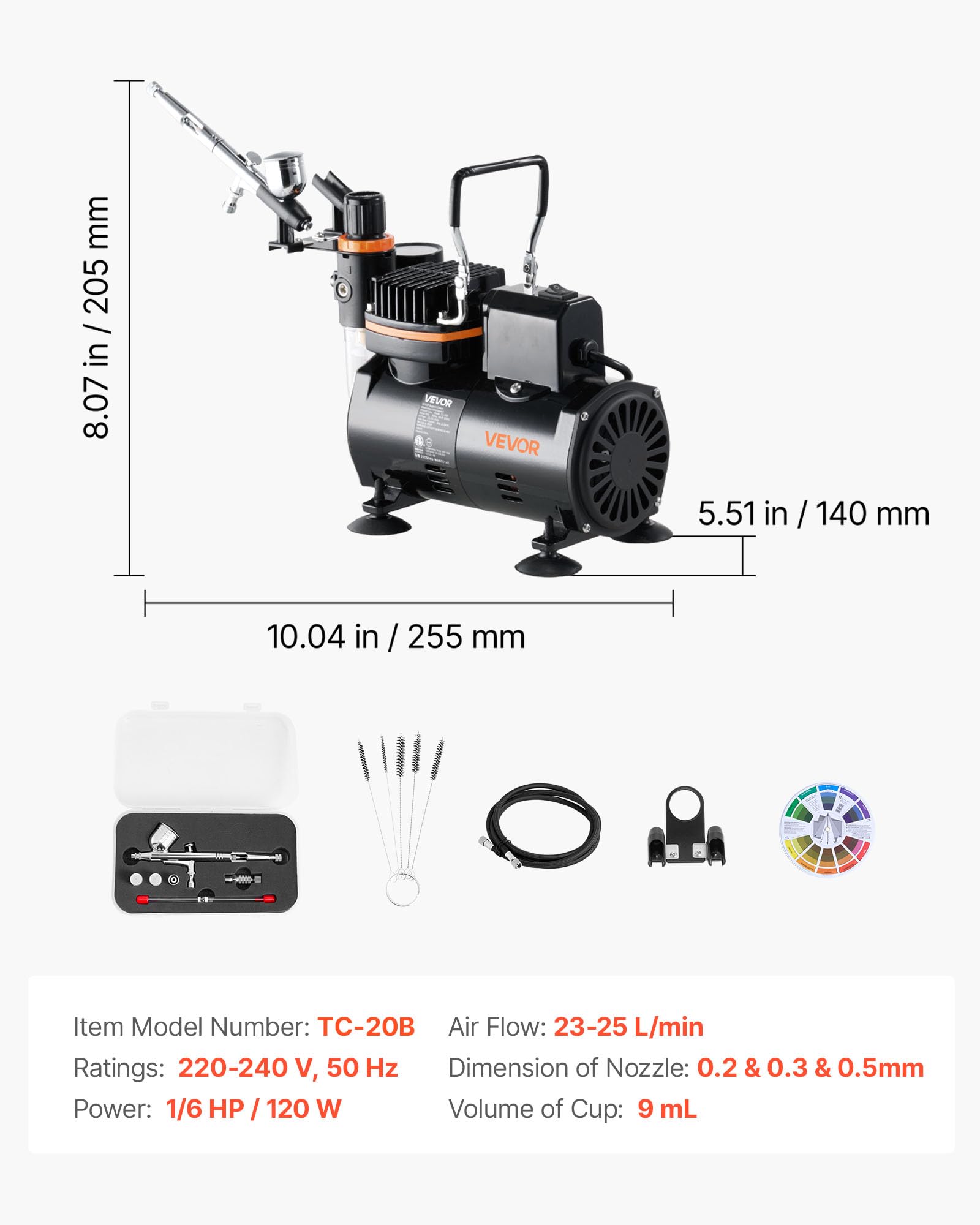 VEVOR Kit Aérographe avec Compresseur d’Air 1/6 HP, Compresseur Aérographe Professionnel à Double Action, avec 1 Pistolet, 3 Buses, Tuyau,1 Kit de Nettoyage, Décoration Pâtisserie Onglerie Modélisme