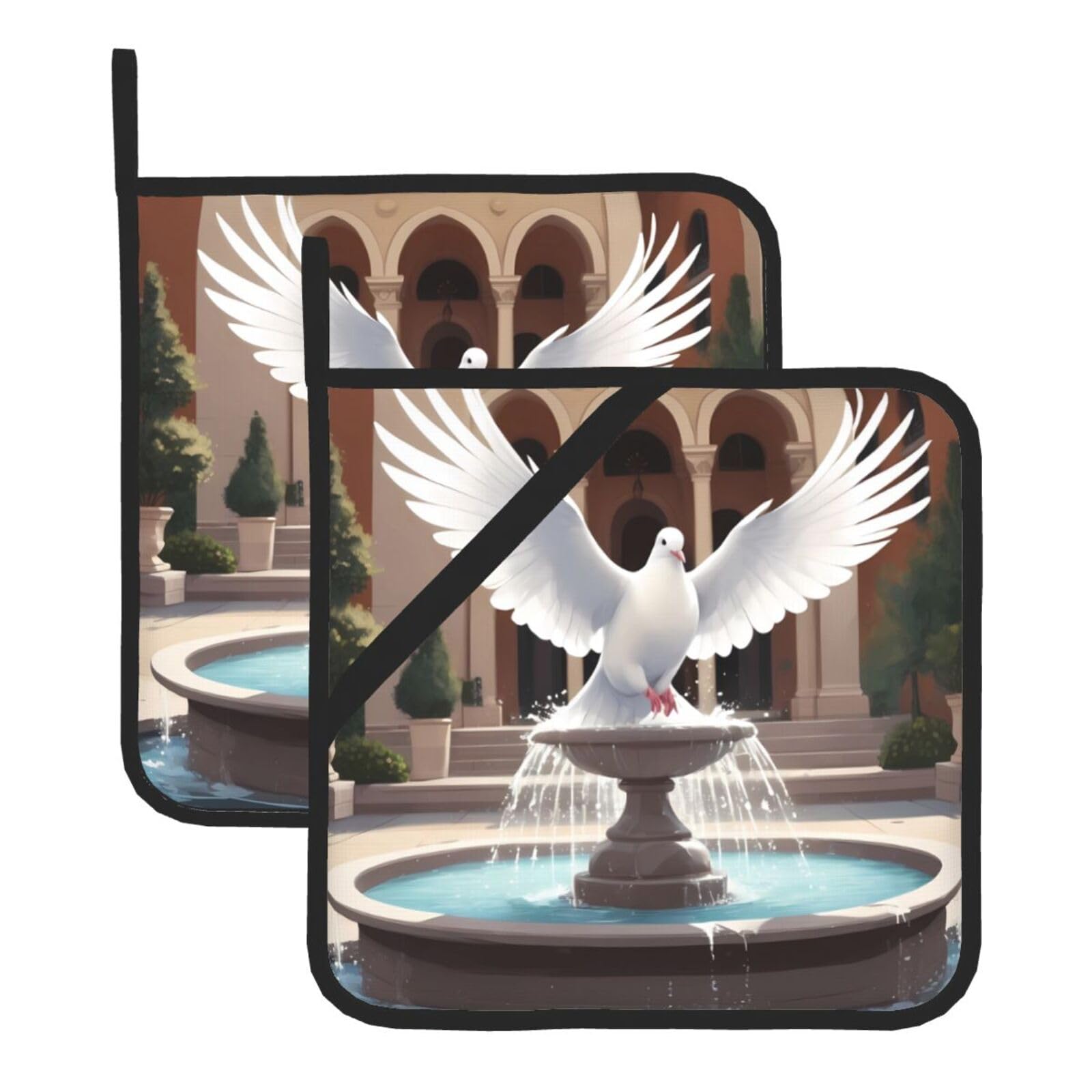 HJFCZH White Dove On The Fountain Printed Square Insulated Pot Mat Set (2-Piece) 8x8in Waterproof, Thickened & Easy to Clean with Lanyard Design for Kitchen, Oven & BBQ