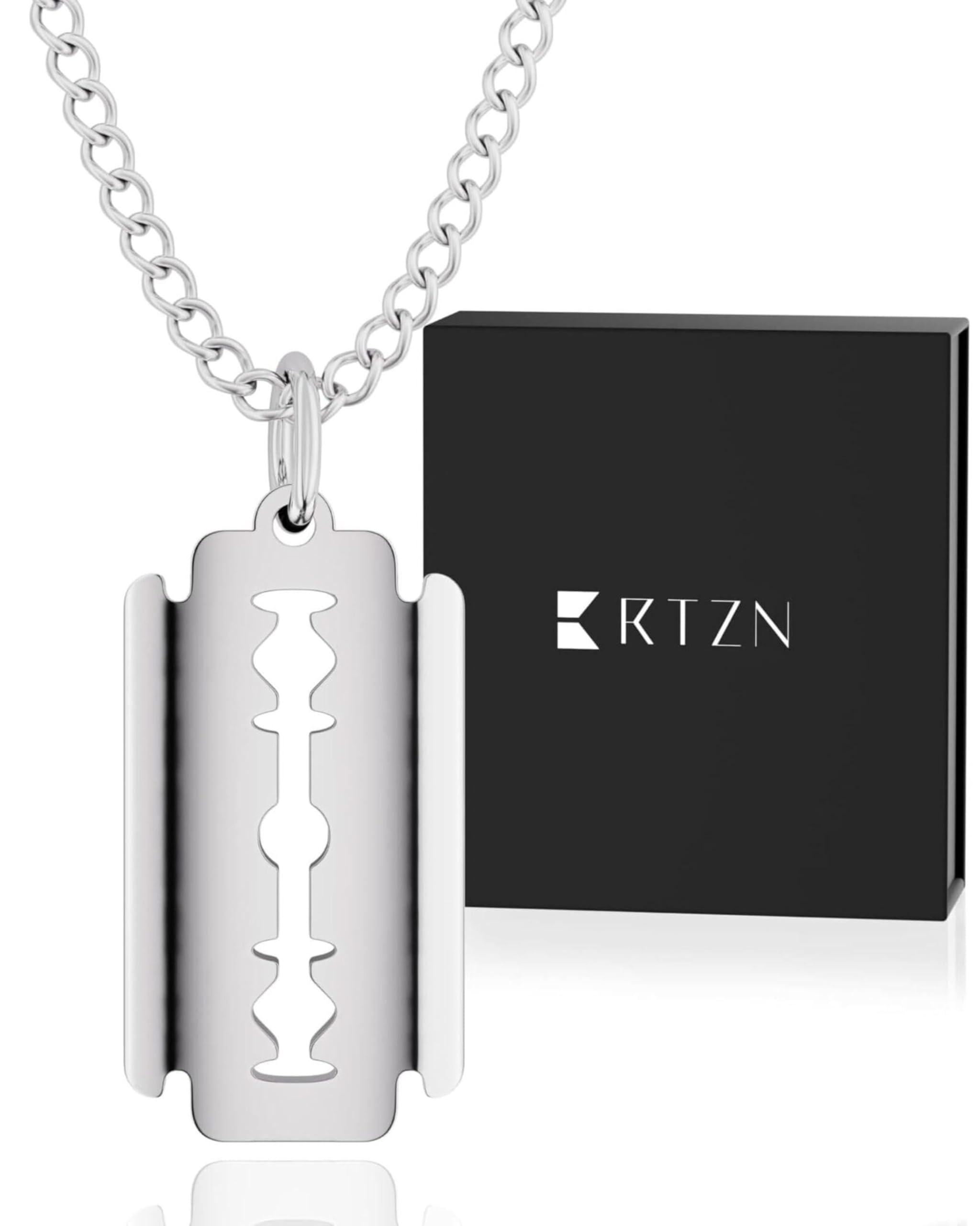 RTZN® Pendant Necklace for Men – Premium Stainless Steel Silver Pendant Necklace with 22" Chain + 2" Extension – Waterproof & Non-Tarnish Small