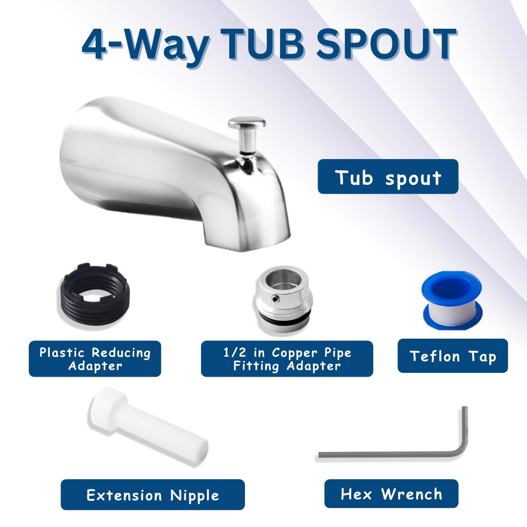 BOXOB 4-in-1 Tub Spout Adapter Kit – Universal Fit For 1/2” Copper Pipe, 1/2” IPS & 3/4” IPS Threads – Includes Assembly Tool & PTFE Tape