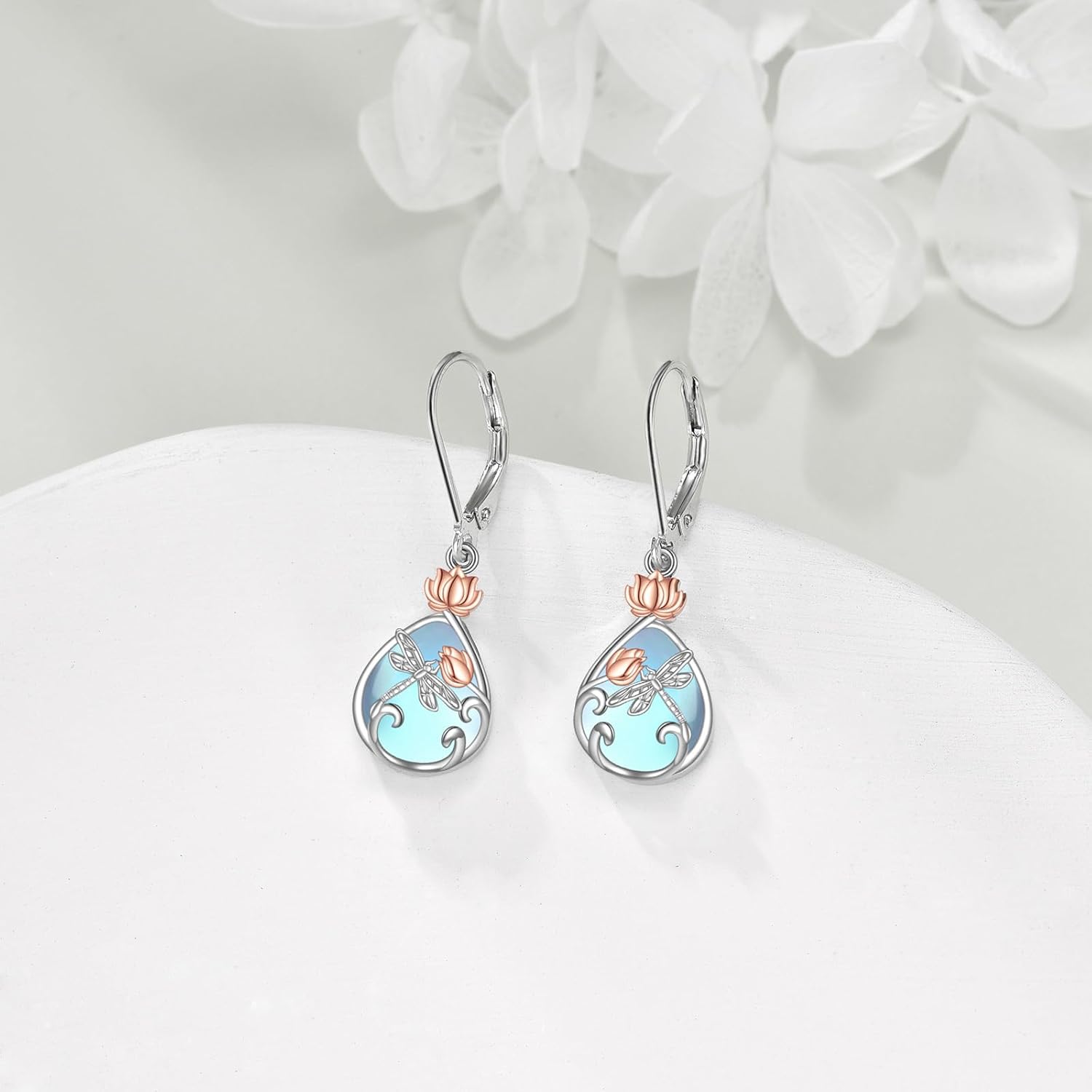 AOBOCO Christmas Gifts Butterfly/Dragonfly/Bee/Ladybug Earrings for Women 925 Sterling Silver Rose Lotus Tulip Flower Filigree Dangle Teardrop Moonstone Larimar Turquoise Abalone Shell Black Onyx Leverback Earrings Jewelry Birthday for Mom Friends Wife - Image 5