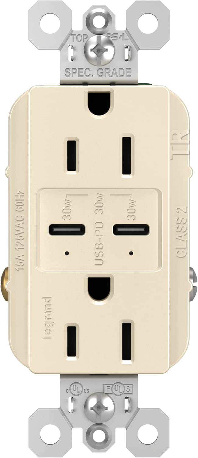 Legrand radiant R26USBPDLA 15 Amp Tamper-Resistant Decorator Duplex Receptacle Outlet with Ultra Fast USB C/C 6.0A Charging Ports PLUS 30W Power Delivery, Light Almond (1 Count)