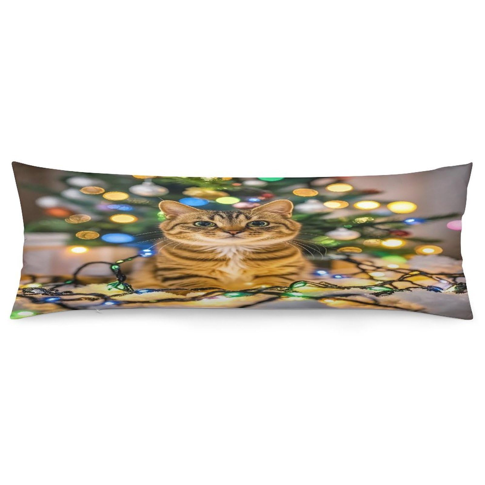 A Cat and Christmas Lights Pillowcase Decorative Long Body Pillow Case Soft Breathable Body Pillow Cover Modern Large Pillowcase Cute Body Pillow Pillowcases for Bedroom Couch 18.9 X 53 Inch