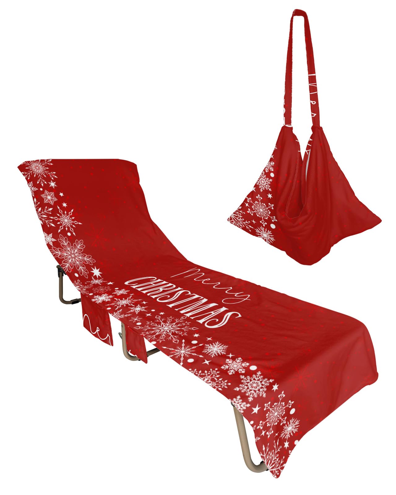 Merry Christmas Beach Chair Towel Covers for Chaise Lounge with Side Pocket, Soft Plush Pool Towels Cover for Patio Sunbathing Outdoor 29''x85'' Red Winter Snowflakes Star Dot