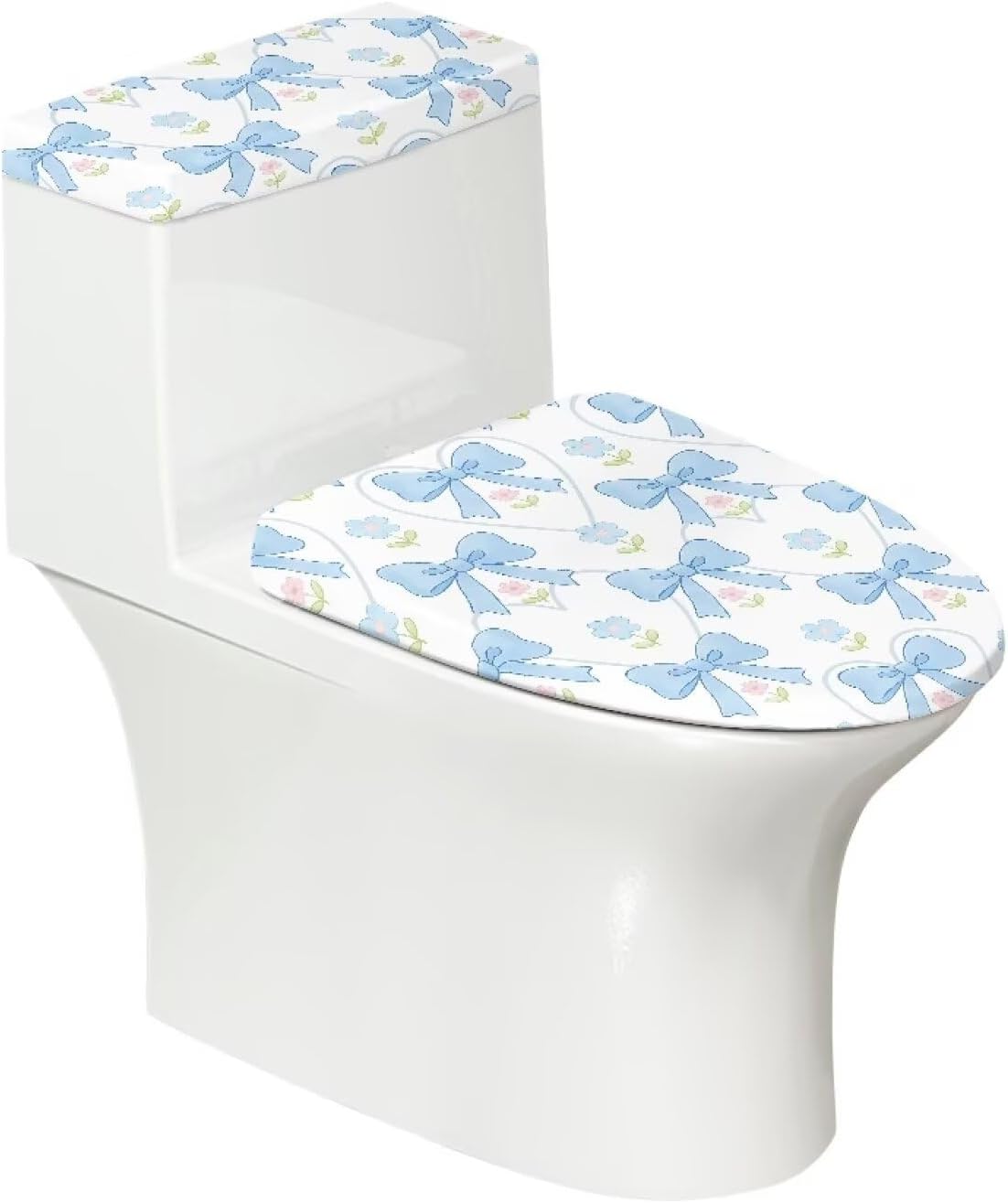 Blue Bow Toilet Lid and Tank Cover Stain-Resistant Universal Dustproof Toilet Seat Cover with Elastic Edges Easy to Clean Reusable for Bathroom Decor, 2-Piece