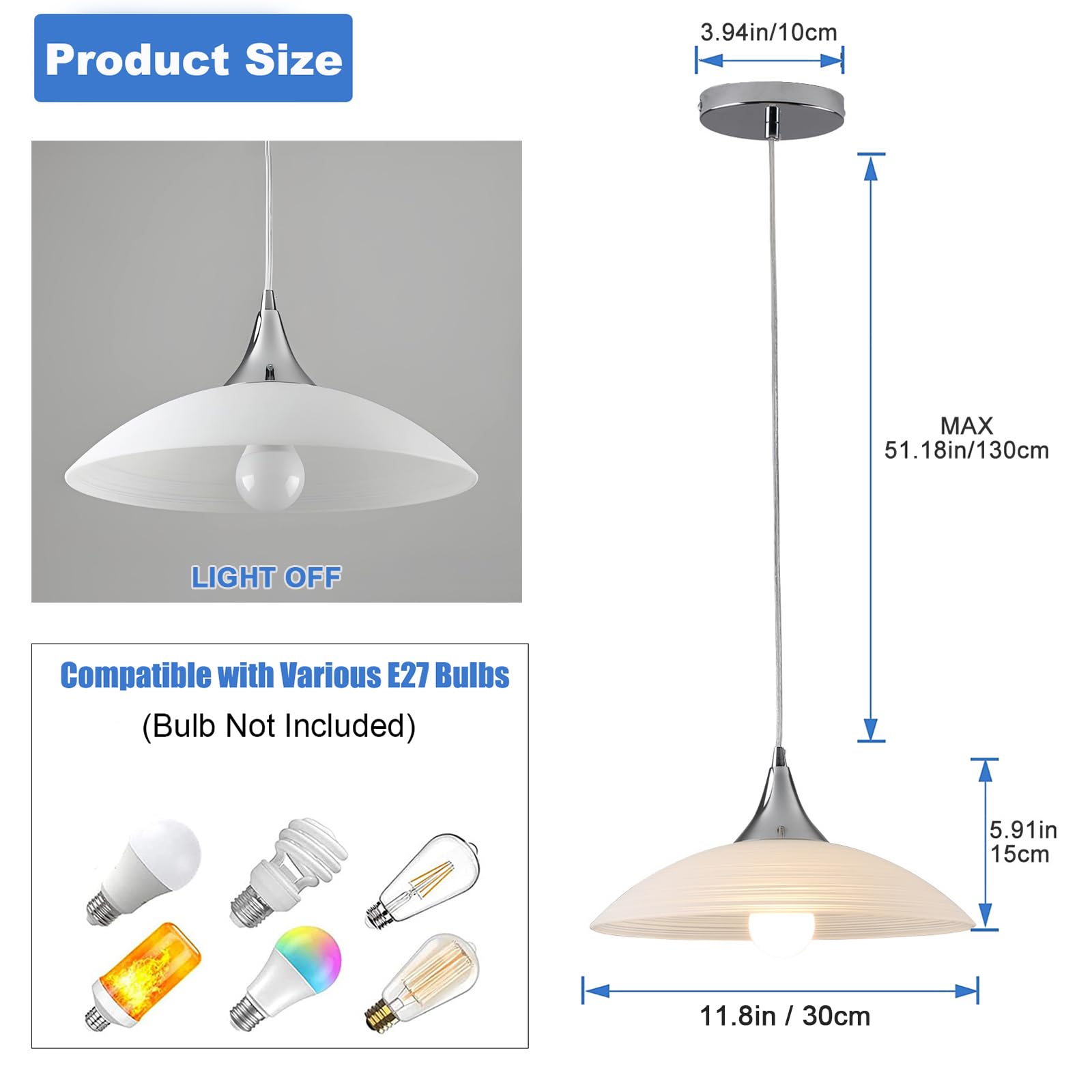 Lampadario Sospeso E27 Moderna in Vetro, Lampada a Sospensione Regolabile in Altezza con Elegante Finitura Cromata, Lampada per Sala da Pranzo, Cucina & Soggiorno