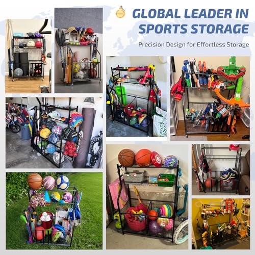 image for PLKOW Sports Equipment Organizer - Garage Storage Rack with Basket and