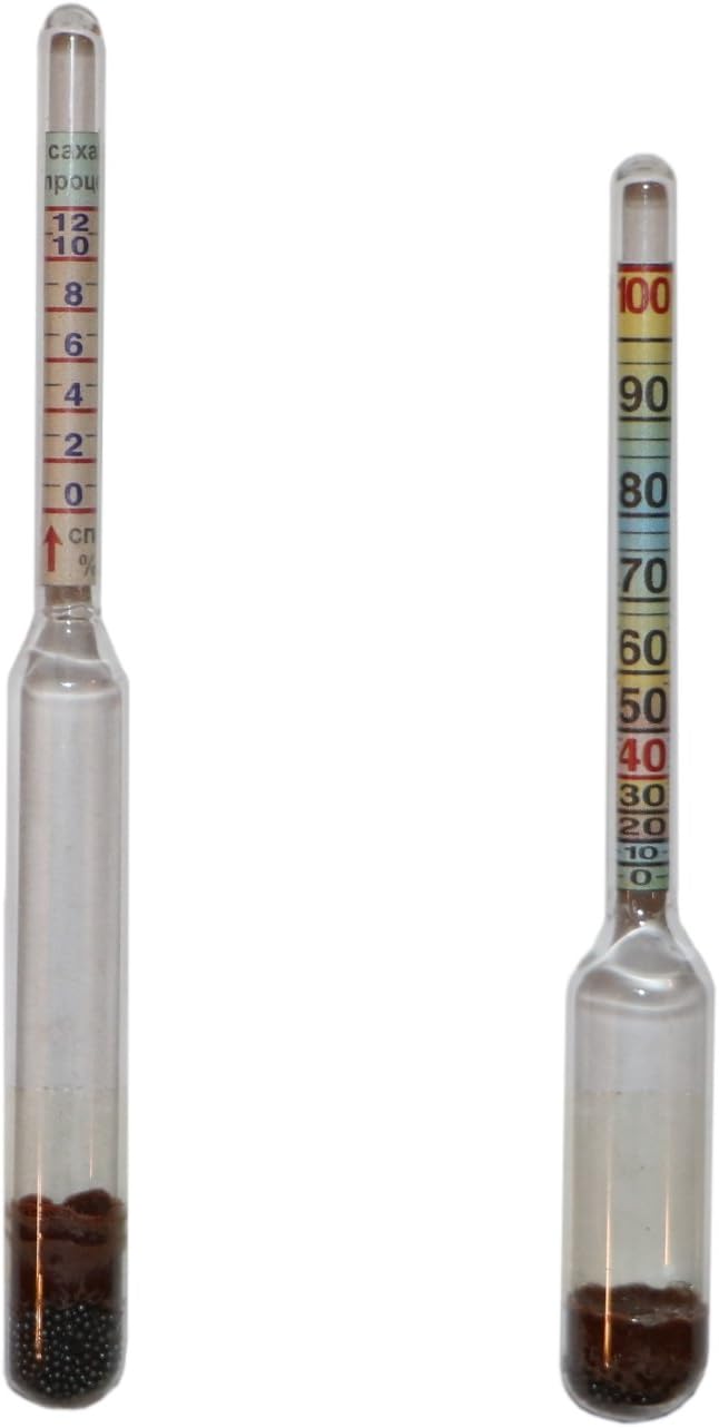 2-in-1 Alcoholmeter Set to test Spirits (0-100°) and Wine (0-12°, sugar 0-25%), Spirtometer, Alcohol Hydrometer, Areometer, Spirtomer + Vinomer, Spirit & Wine hydrometer, Sugar level meter