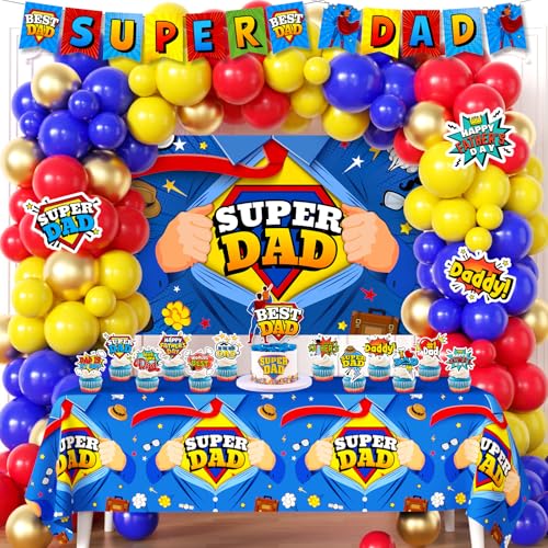 Fathers Day Decorations,124pcs Fathers Day Party Decoration Pack Include Super Dad Backdrop Banner Balloons Tablecloth Cake Toppers for Happy Father's Day Decorations