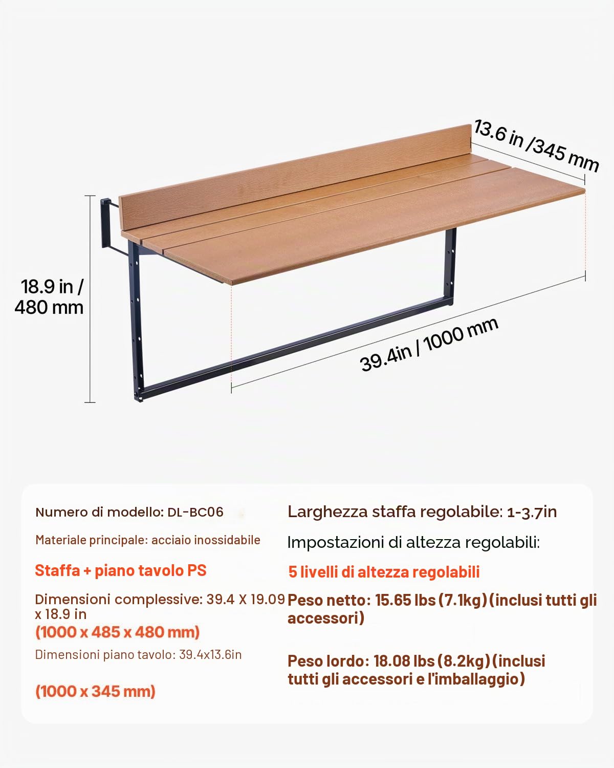 VEVOR Tavolo Sospeso per Balcone Pieghevole per Ringhiera del Balcone da 1000 x 485 x 480 mm, Tavolo da Bar all'Aperto in Acciaio Inox per Ringhiere, Regolabile su 5 Livelli Altezza