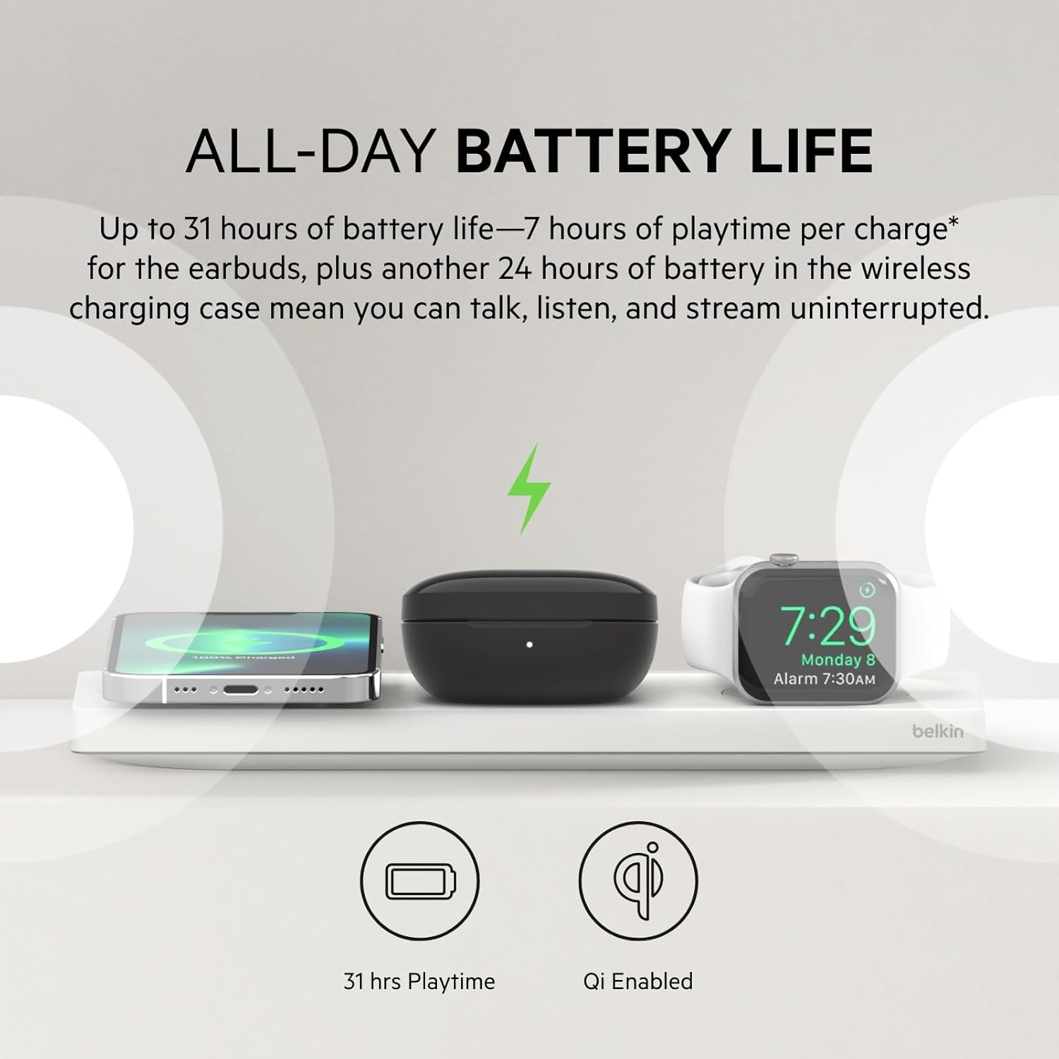 Belkin SoundForm Immerse Earbuds and Case Charging Wirelessly