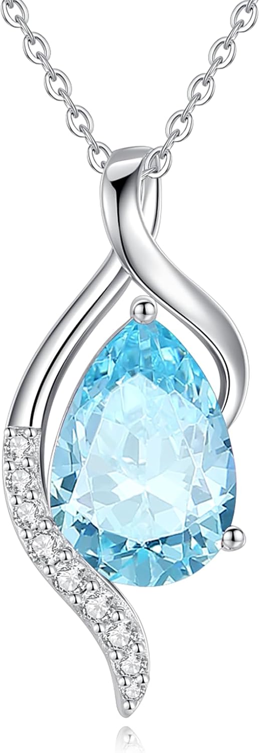 FANCIME Birthstone Necklace for Women Teardrop Cubic Zirconia Necklace S925 Sterling Silver Gentle Love Birthday Gifts for Mom Women, 16"+2" Inches