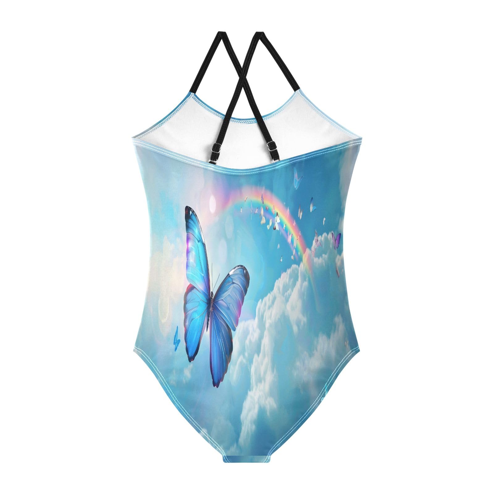 Cute Blue Butterfly Flying on A Colorful Sky with A Giant Rainbow Girls One-Piece Swimsuit Quick Dry Beach Swim Bathing Suit