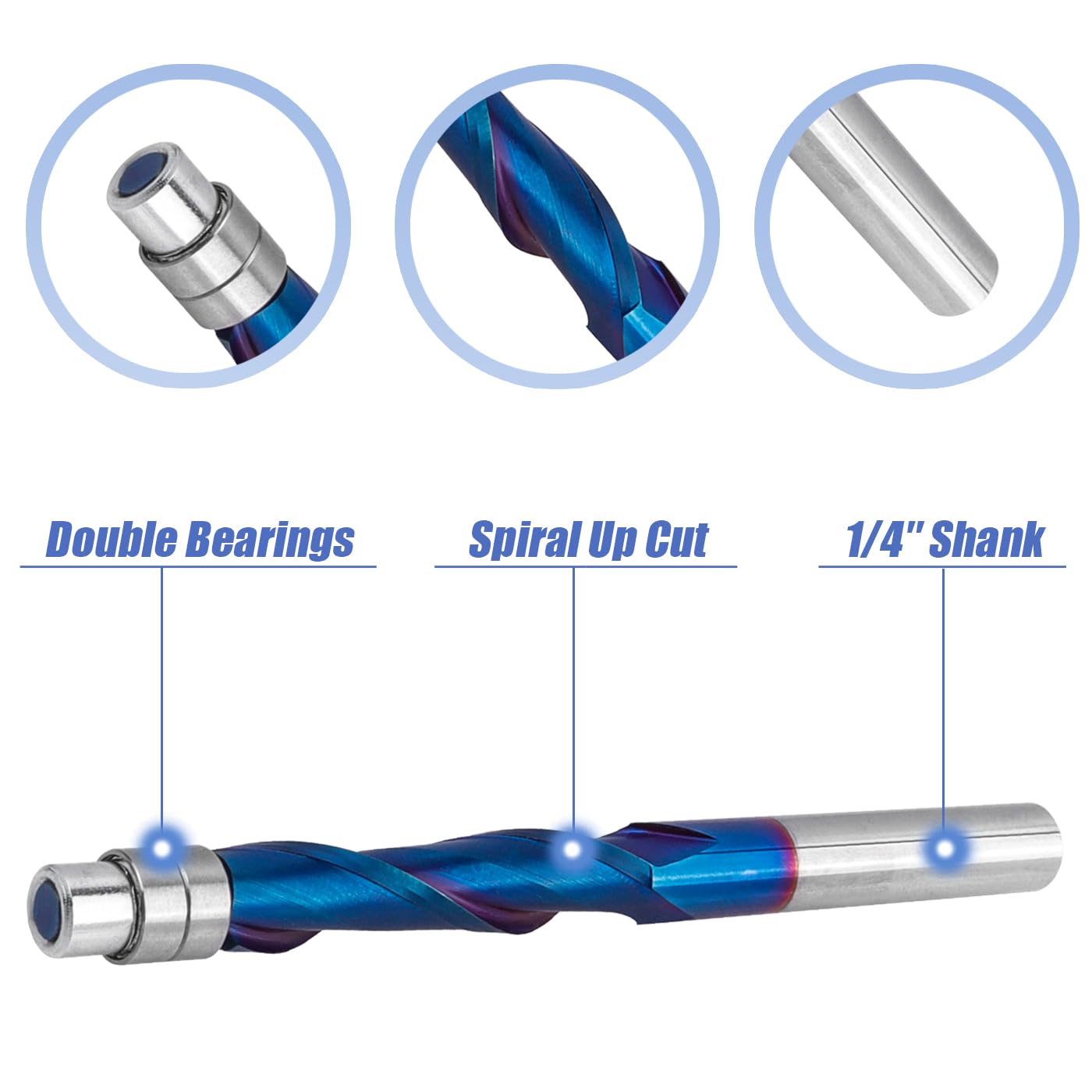 Mesee Upcut Spiral Flush Trim Router Bit, 1/4-Inch Shank Nano Coated Solid Carbide Spiral Router Bit with Bearing Guide Up Cut Flush Trim Bit CNC Woodworking Milling Tool - 1-1/8 Inch Cutting Length