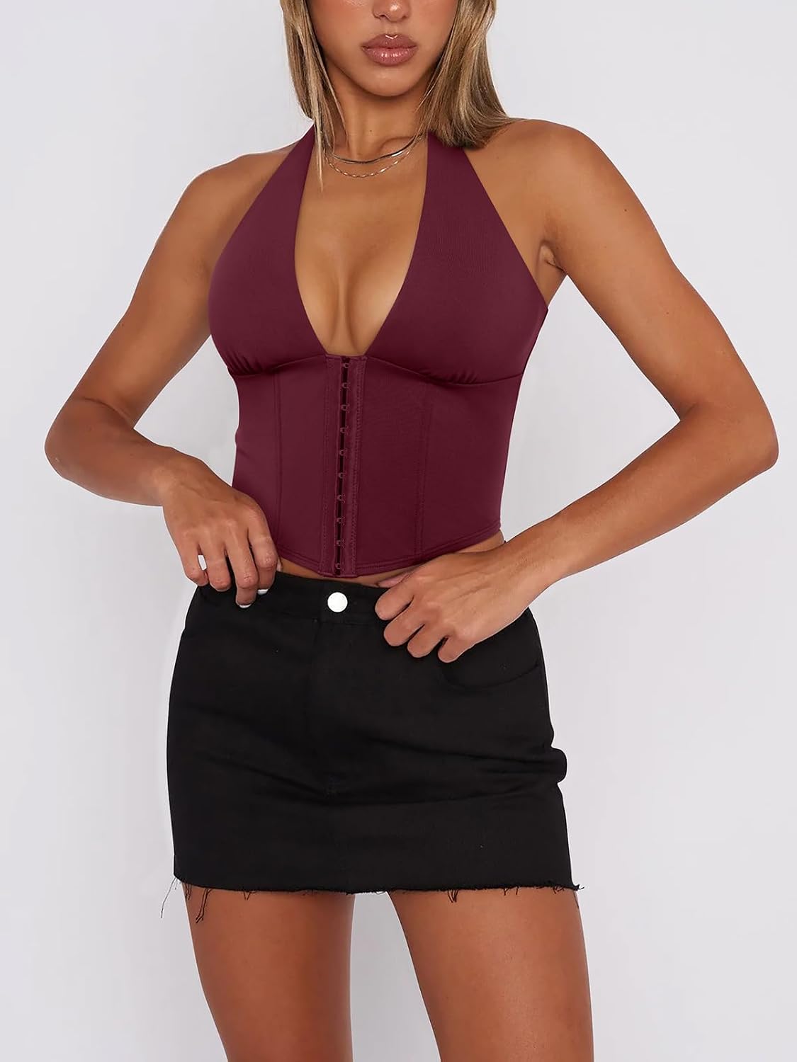 PINKMSTYLE Women Tank Tops Halter Corset Sexy Sleeveless Backless V Neck Asymmetrical Crop Top Summer Y2k Going Out Clothes thumbnail