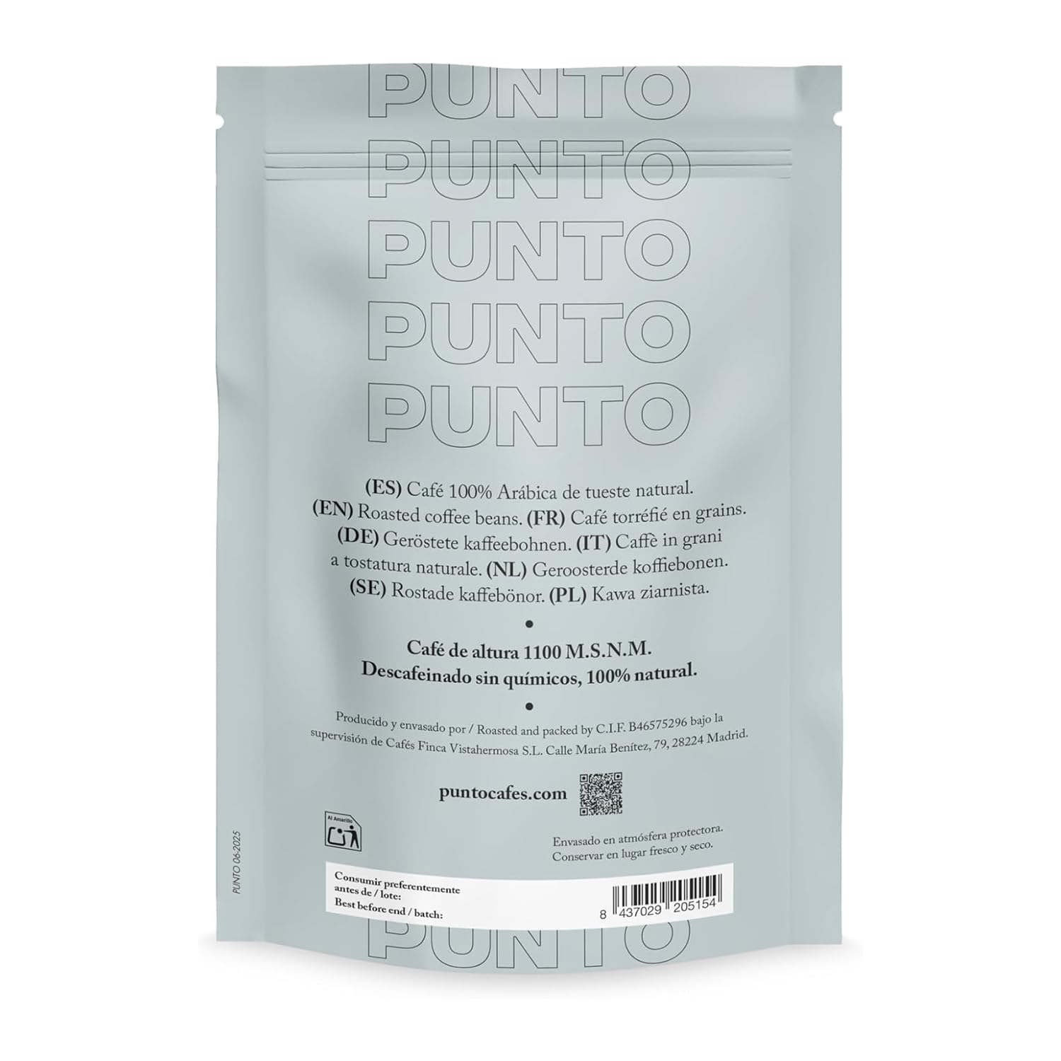 PUNTO Café Descafeinado en Grano 250 g Café de Especialidad Water Decaf 100% Arábica