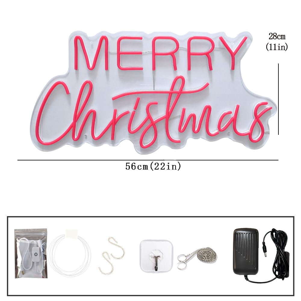 Letrero LED rojo de neón de 21 pulgadas, colgante regulable de Navidad, luces LED de Navidad para el hogar, ventana, garaje, tienda, decoración de paredes (rojo Feliz Navidad)