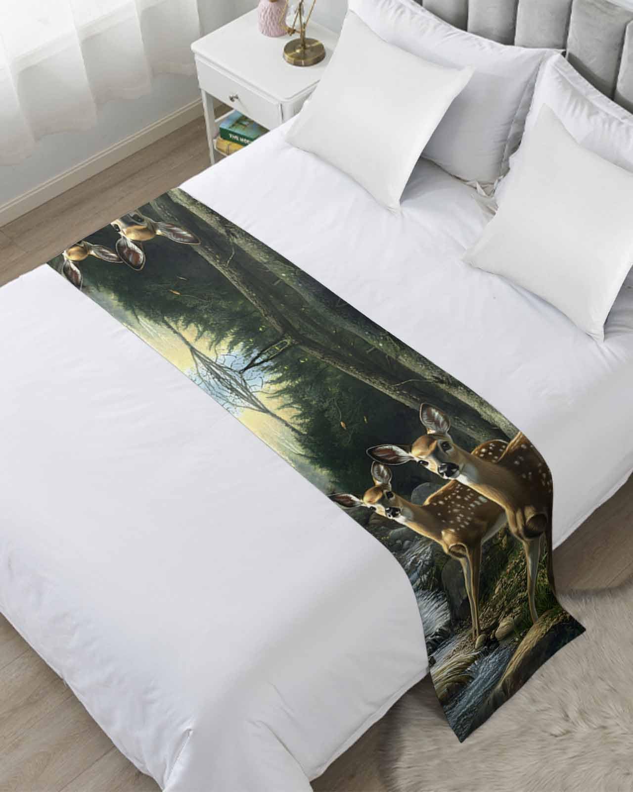 Forest Deer Bed Runner for Twin Size, Farmhouse Elk River Bedspread Protector Slipcover Bed Scarf for Foot Runners & Scarves for Bedroom Hotel Wedding Room 71x20 Inches