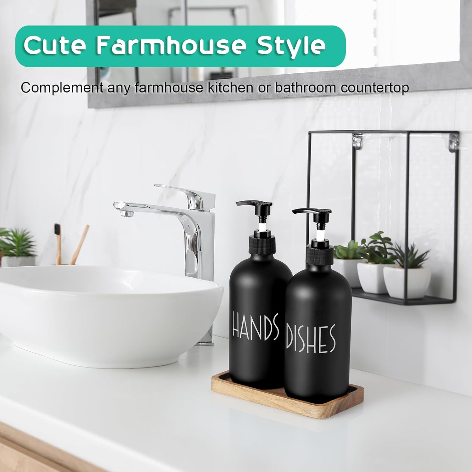 ALELION Black Dish Soap Dispenser Set for Kitchen - 16 OZ Hand Soap Dispenser with Pump and Acacia Wood Tray - for Black Kitchen Decor and Accessories - Image 5