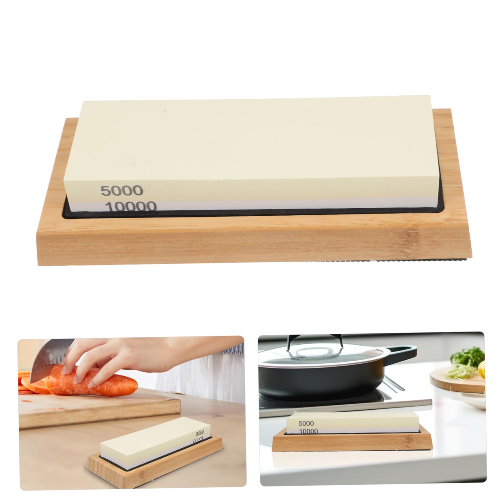 Set Affilacoltelli Base in Bambù Antiscivolo con Pietra Abrasiva Doppia Faccia in Corindone Bianco Resistente e Stabile per Affilatura Utensili Domestici