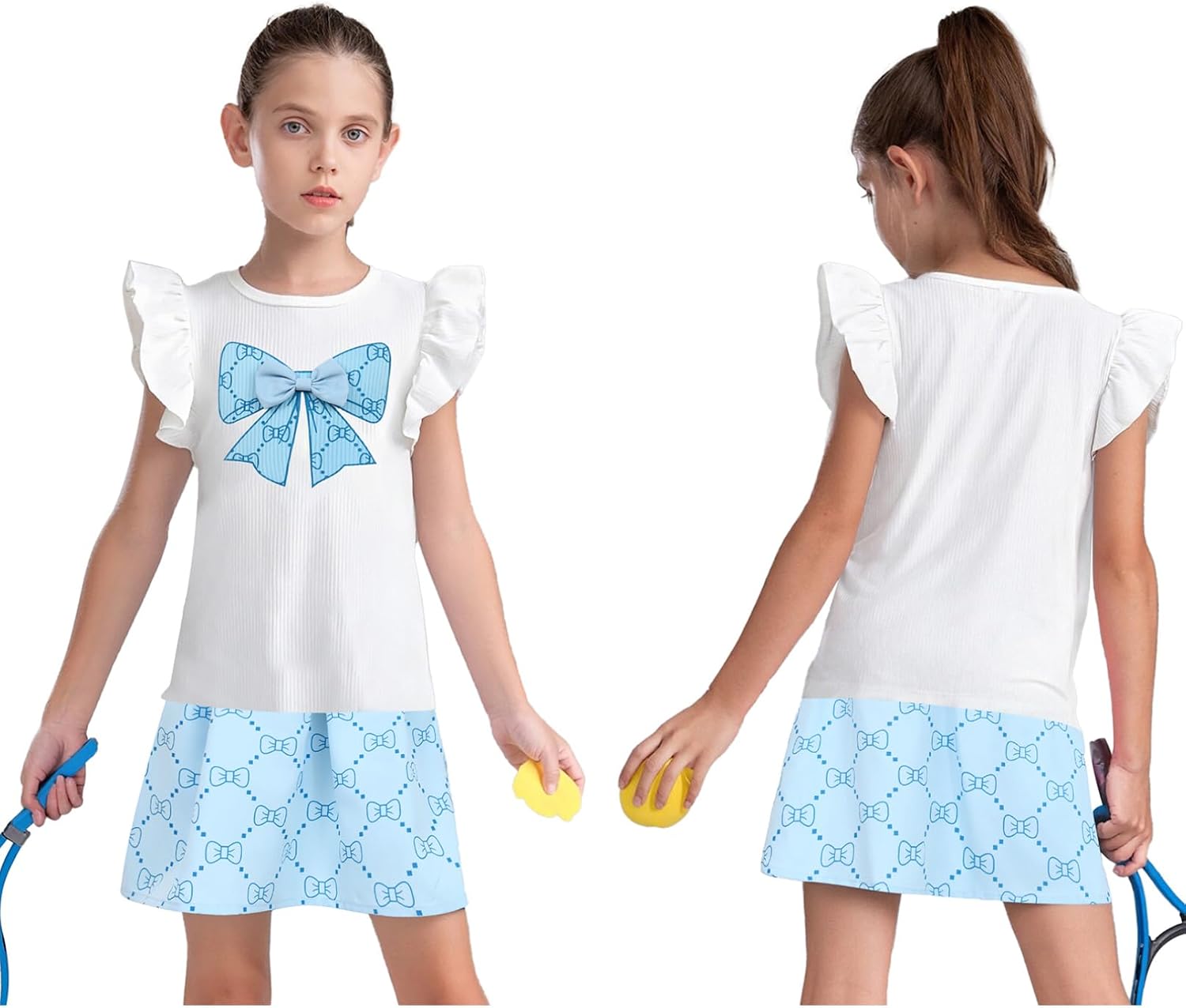 YiZYiF Toddler Girl's Cute Party Dress Skirt Sets Ribbed Top with Pleated Skirt Playwear Set Summer Clothes Blue 6-7 Years