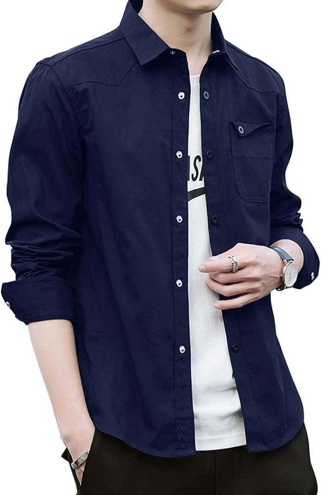 シャツ　ボタンシャツ　ボタン　長袖　メンズ　トップス　3XL ピンク : スナップボタン シャツ メンズ 長袖 無地 綿100％ 前