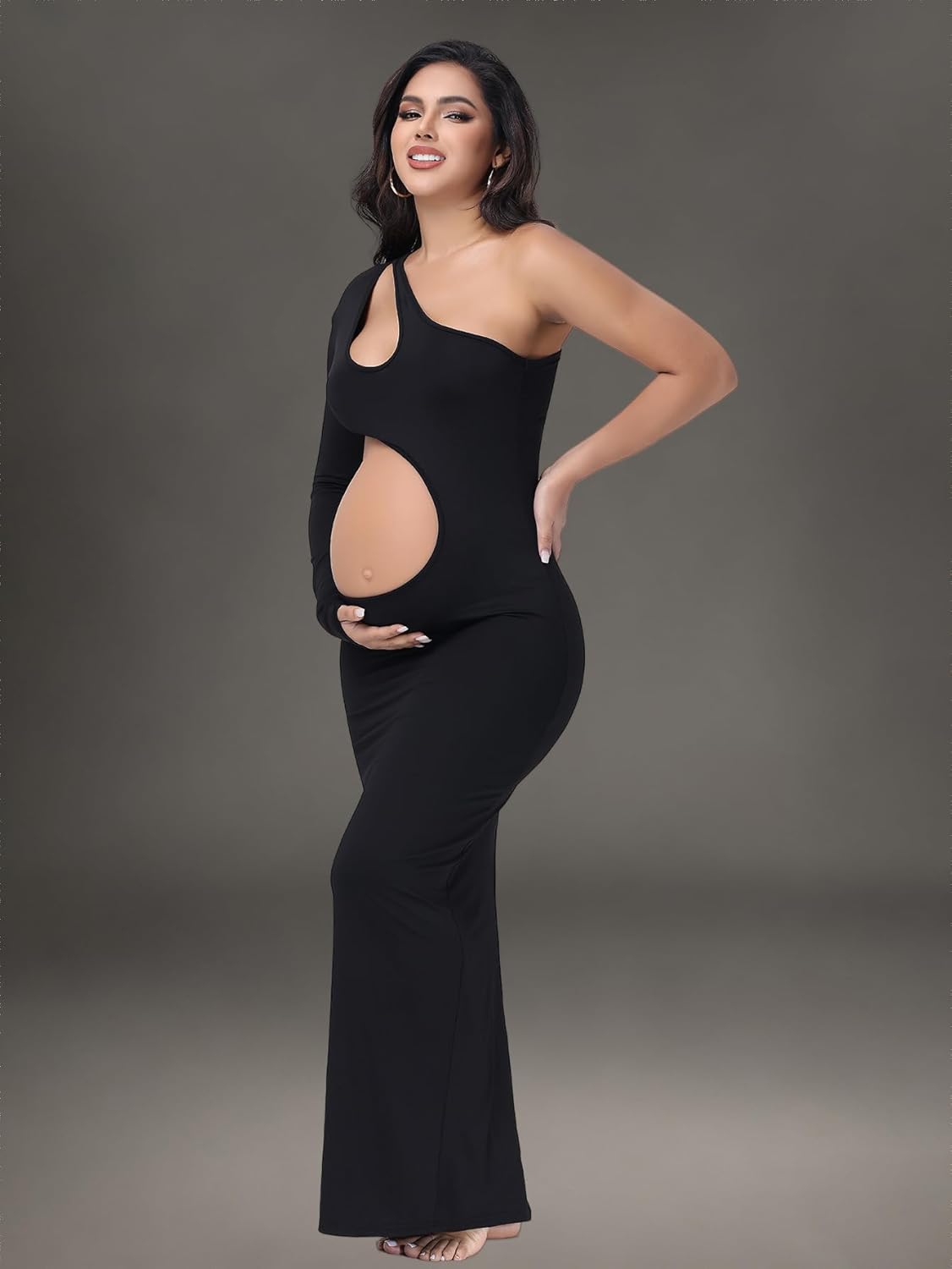 JustVH Maternity Sexy One Shoulder Long Sleeves Hollow Out Belly-Revealing Maxi Photoshoot Dress for Baby Shower