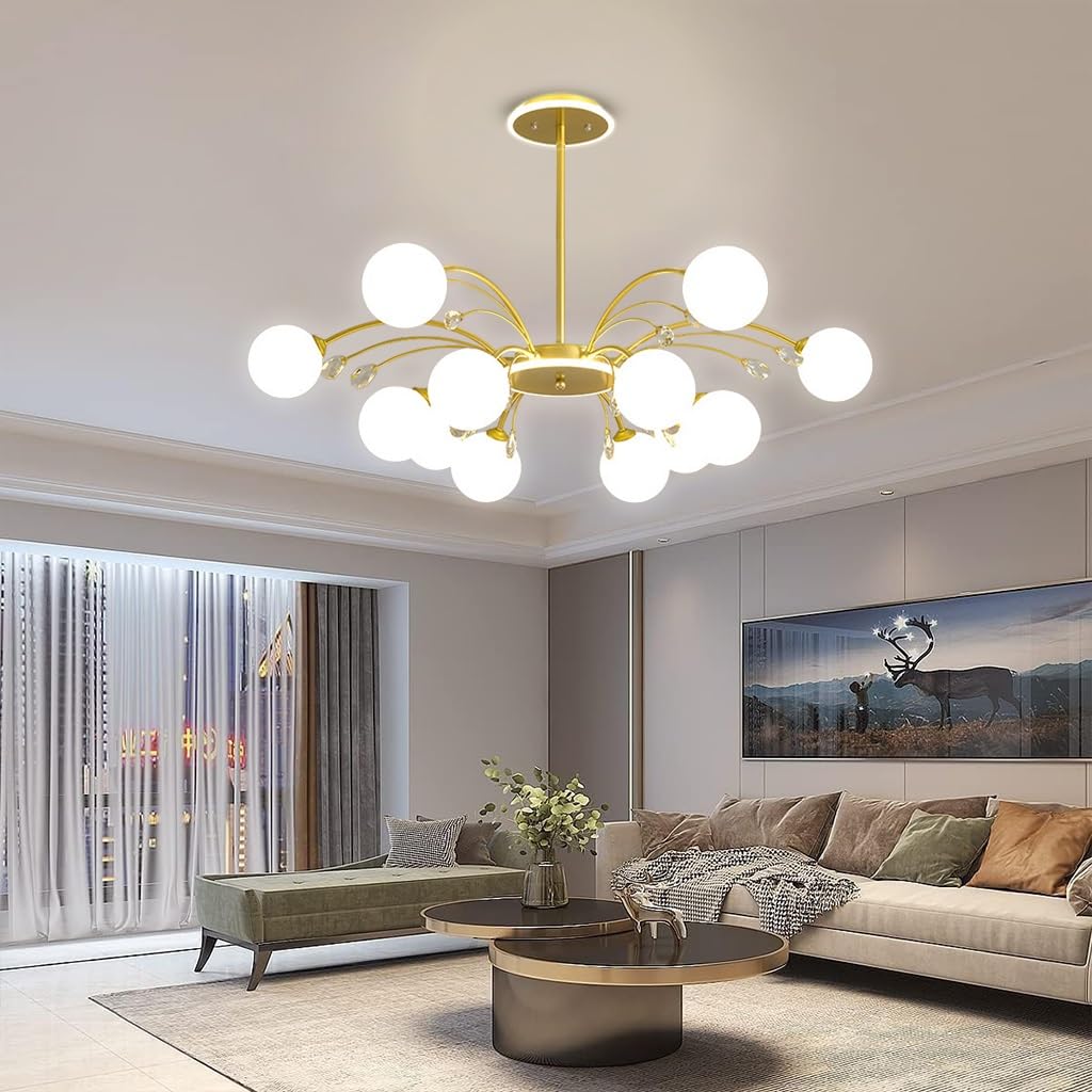 LYSDjia Sputnik Chandelier Gold Modern Chandeliers Mid Century Ceiling Lighting Fixture Crystal decoration Pendant Light with Milk White Glass Shade for Living Room Kitchen Bedroom Dining Room and Far