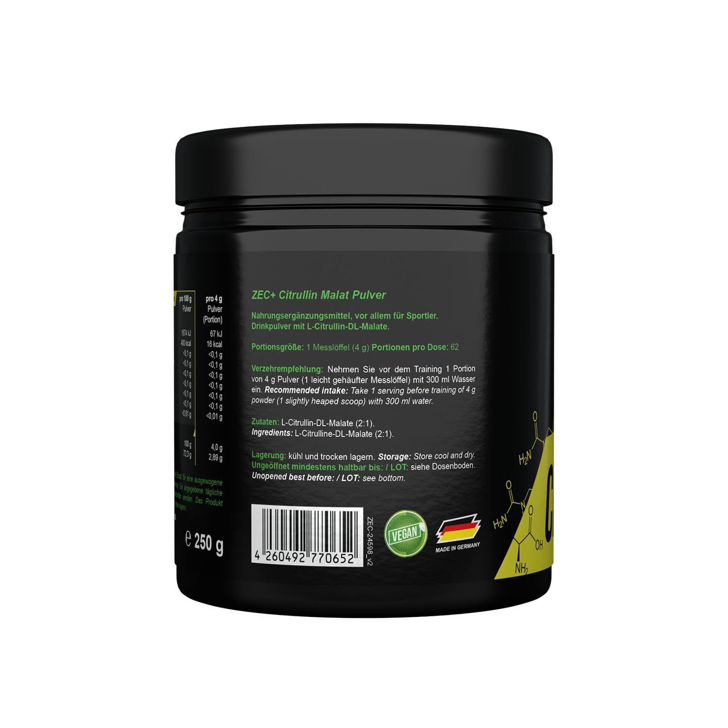 Zec+ Nutrition L-CITRULLIN MALAT Pulver 250g │ Pre Workout Pump Booster | Premium Aminosäuren-Supplement vegan
