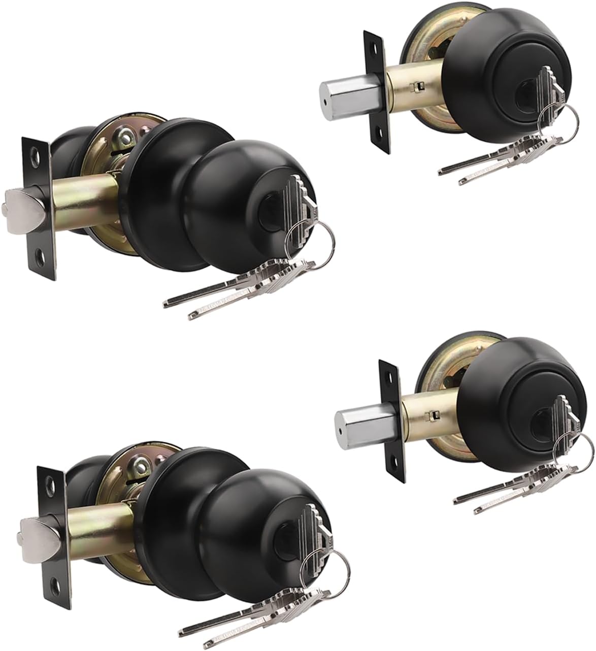 Knobonly Entry Door Knobs and Double Cylinder Deadbolt, Keyed Alike Door Handle Set with Same Keys, Combo Pack for Front Doors-Keyed on Both Side, Matte Black Finish, Contractor Pack of 2 Set