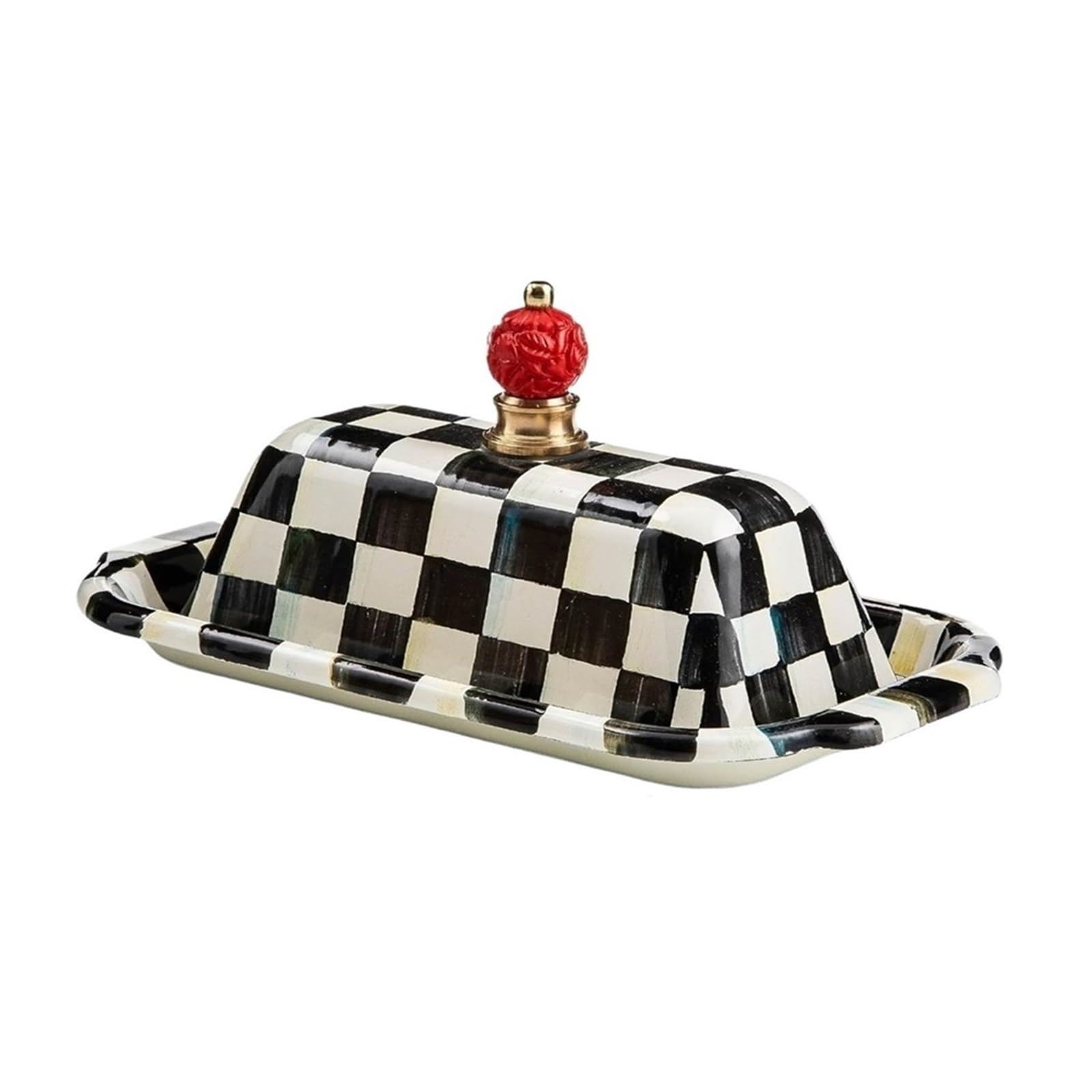 Beurrier en émail, joli plat à couvercle, motif carreaux courtois noir et blanc Pour Cuisine