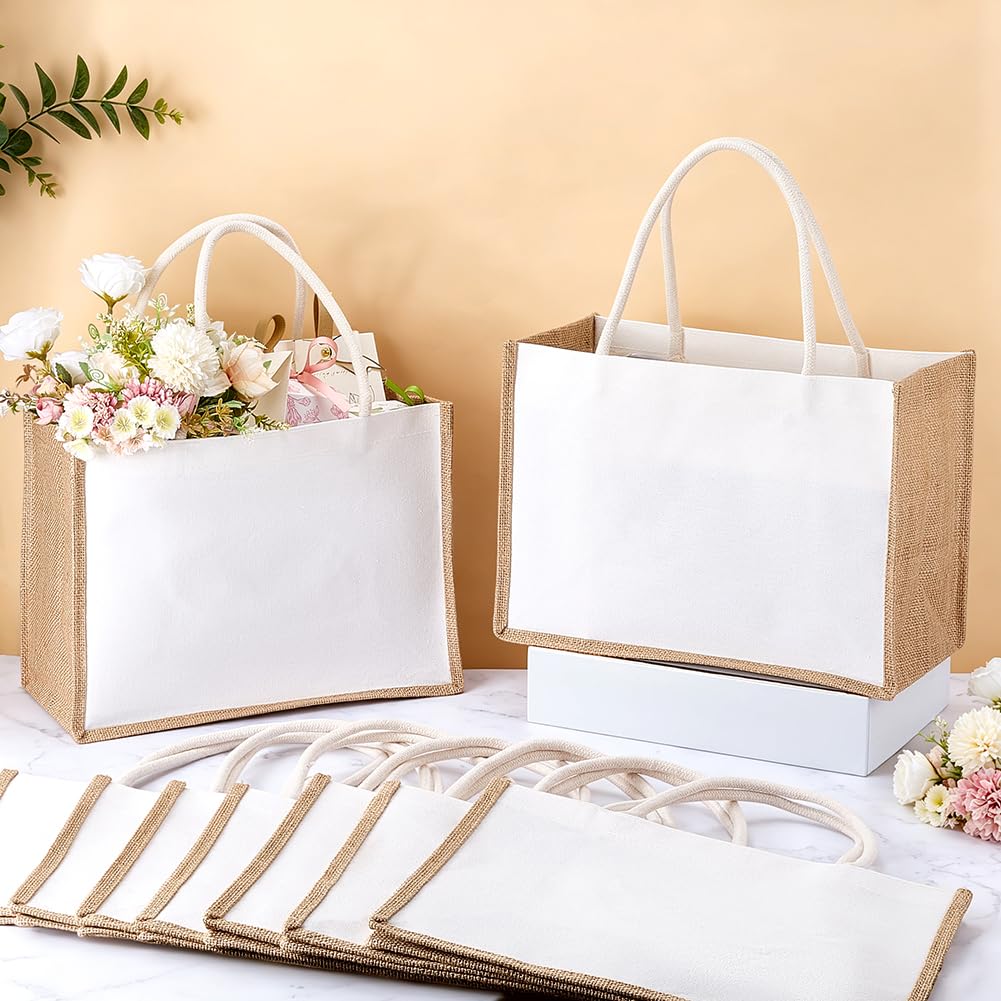FINGERINSPIRE 12 Pz Borse Tote in Iuta Bianca 27.2x37x17cm Modello Rettangolare con Manici Versatili per Spesa Spiaggia Viaggio e Fai da te Idee Regalo per Matrimonio e Damigella d'onore