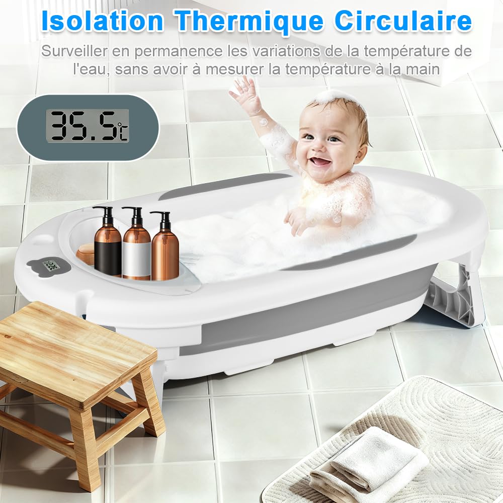 Bañera de bebé plegable con termómetro integrado, baño cómodo con soporte de almacenamiento, ideal para ducha, fácil de limpiar, incluye colchón y gorro de baño (gris)