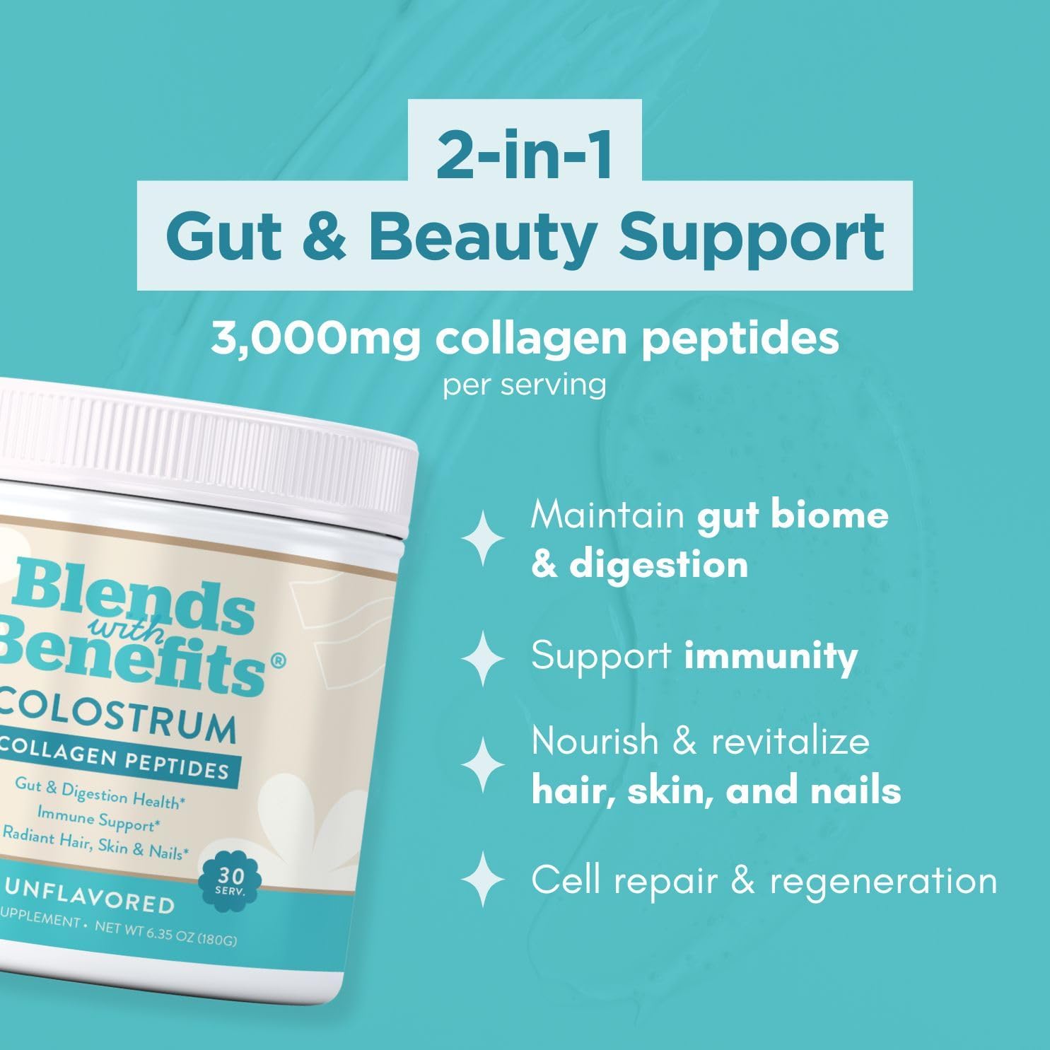 360 Nutrition Blends with Benefits Bovine Colostrum + Collagen Peptides Powder for Gut Health, Hair & Skin Beauty, Immune Support | Grass-Fed, No Added Sugar, Unflavored 6 oz