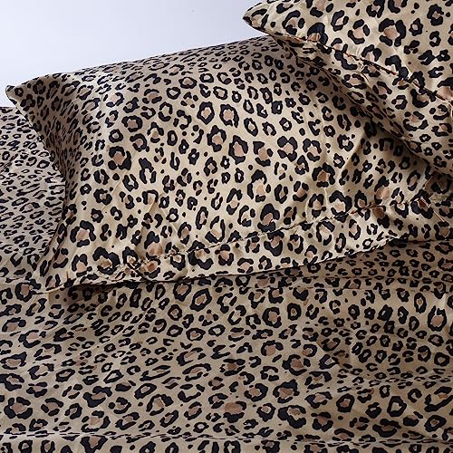 Martex Elegance Seduction 1S51594 Satin Silky Deep Pocket Easy Care Machine Washable 1 Fitted Sheet 1 Flat Sheet And 2 Pillowcases King Size 4 Piece Leopard Animal Print Sheet Set, King, Brown #TOP2