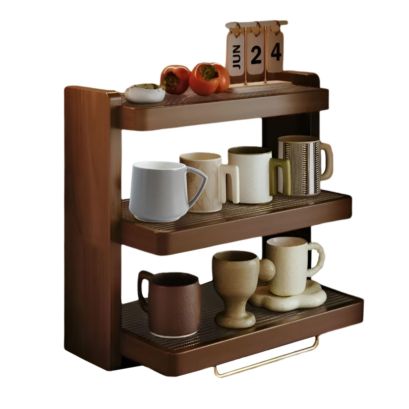 ZYJIX Wooden Coffee Mug Display Rack, 3 Tier Cup Organizer Shelves, Countertop Shelf Organizer For Kitchen, Spice Rack, Storage Shelf(Size:52cm,Color:Walnut Color)