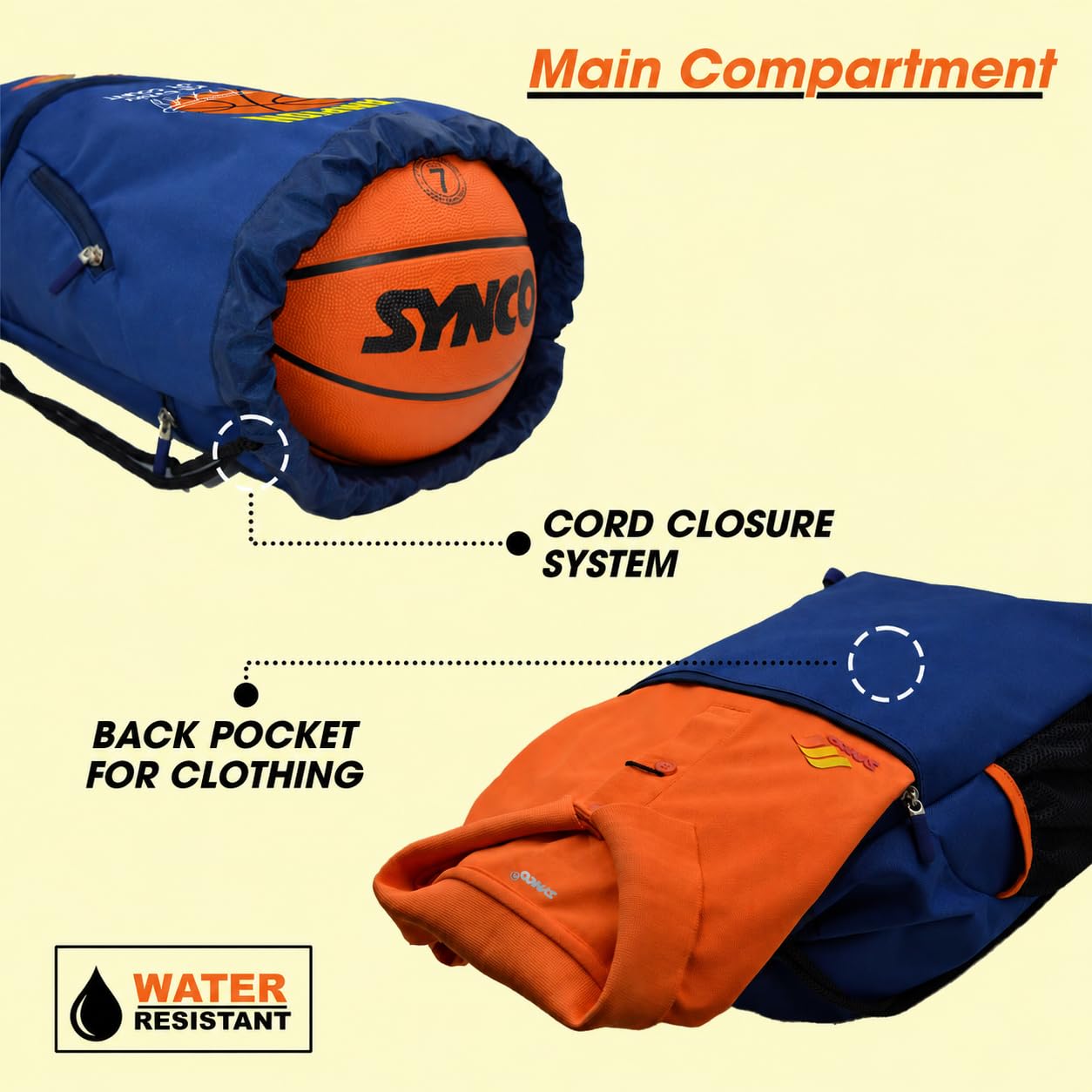 Synco Champion Ball Carry Bag | Sports Equipment Drawstring Bag for Carrying Basketballs | Separate Shoes Compartment & Bottle Holder Pocket | Backpack (Blue) 4