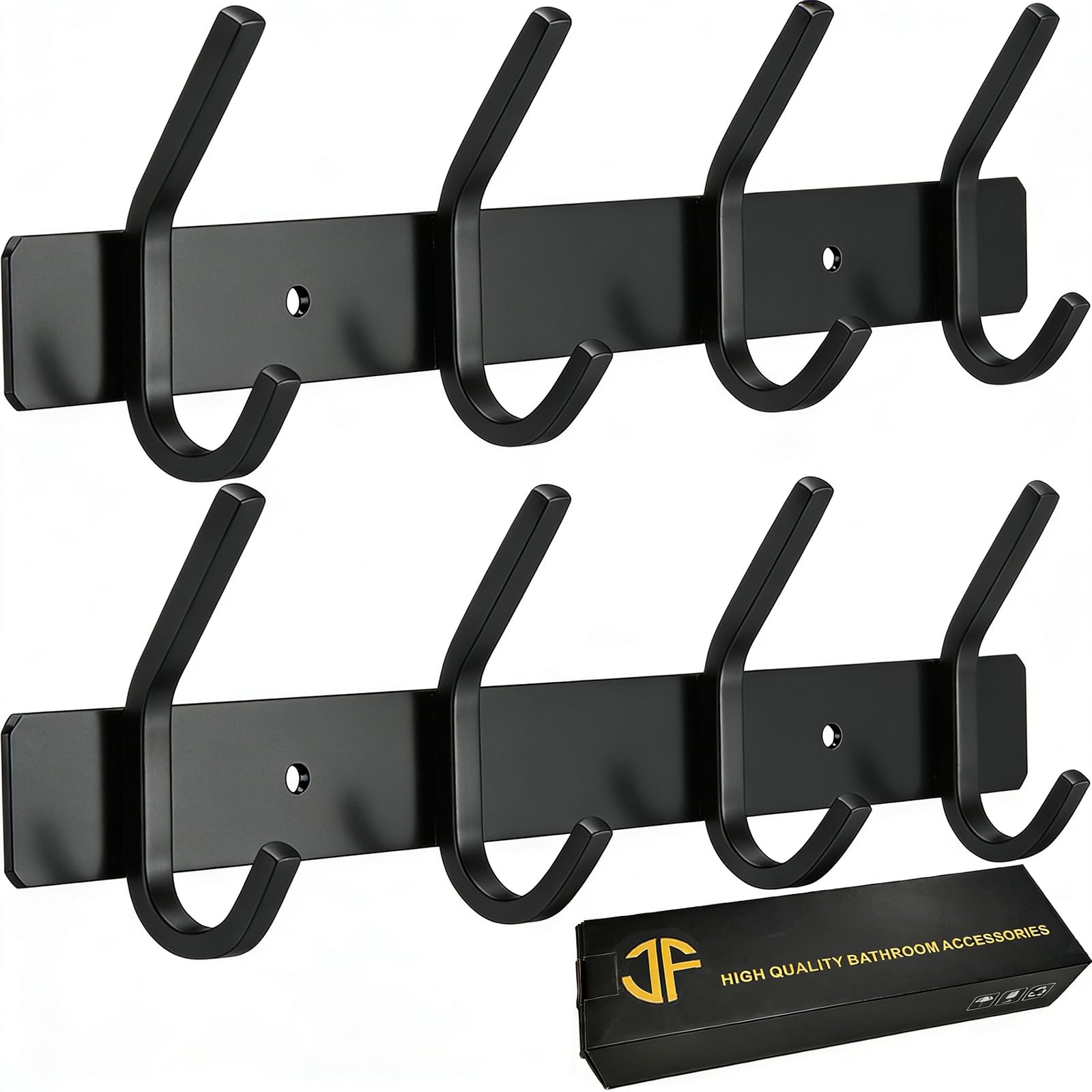 JOLY FANG Coat Hooks Wall Mounted - 2 Packs Wall Coat Rack Stainless Steel with 4 Hooks, Modern Wall Coat Hanger for Bedroom, Kitchen & Entryway, Black