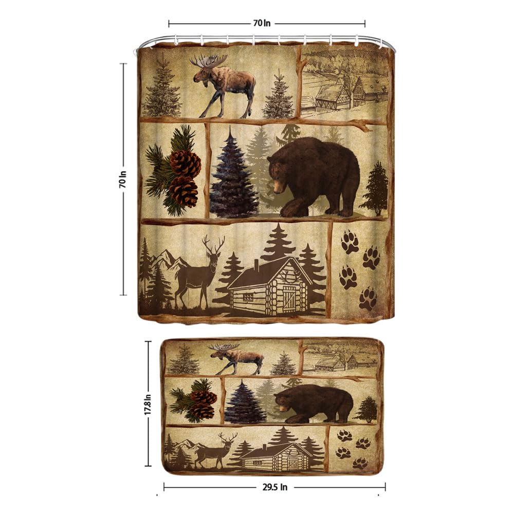 Rustikaler Bär-Duschvorhang – Wald-Design, 178x178 Cm, Maschinenwaschbar, Inkl. 12 Haken