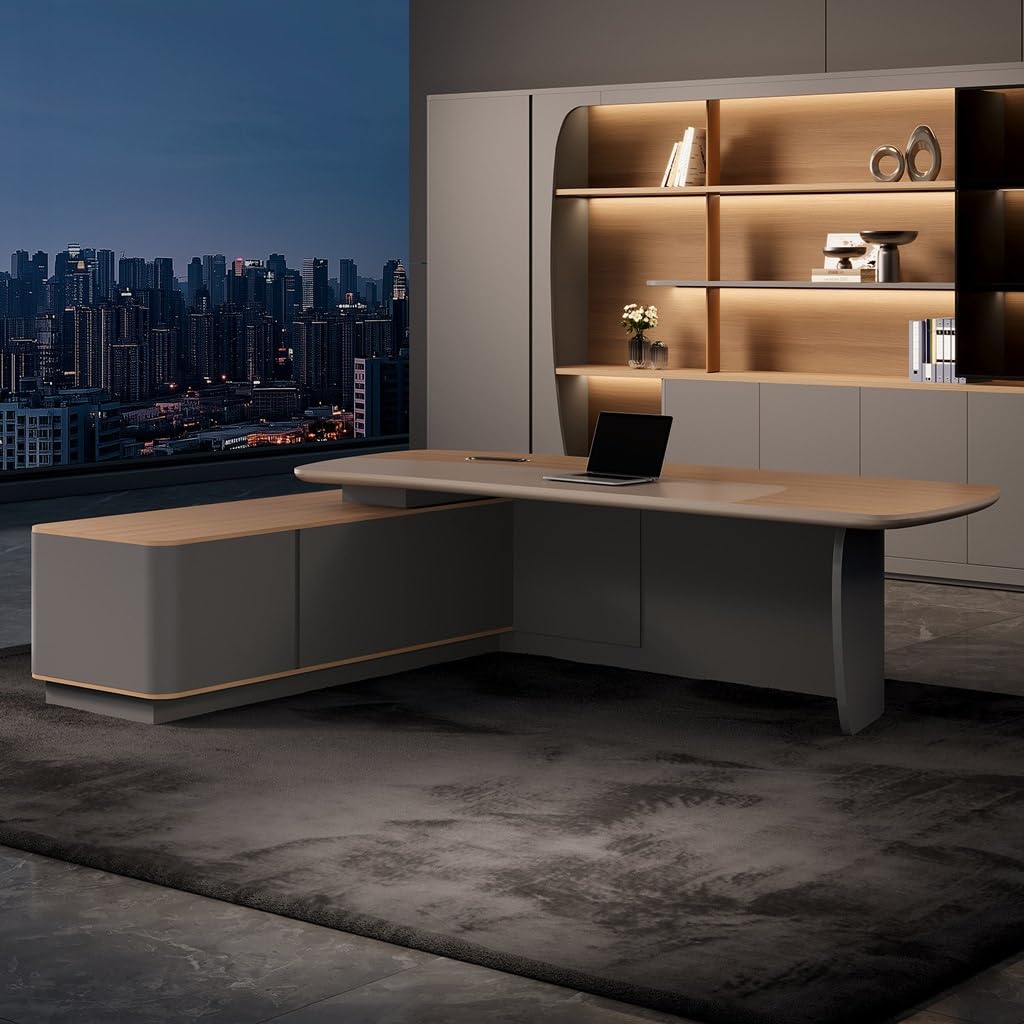 NEBE Scrivania Ufficio Elegante scrivania direzionale for Ufficio, spaziosa postazione di Lavoro manageriale a L con Stile Moderno retrò