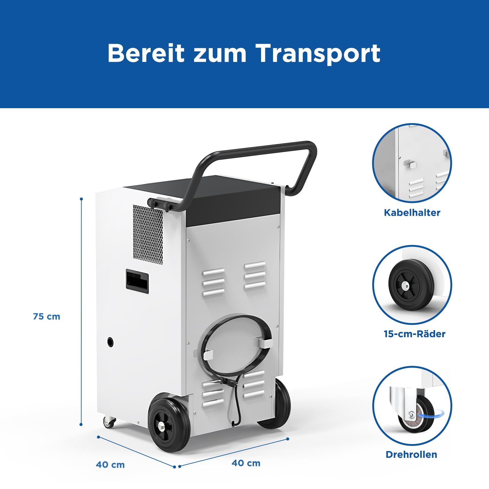 80 L Gewerblicher Luftentfeuchter mit Pumpe Bautrockner für Keller, Baustellen & Industrie – Mobiler, Robuster Entfeuchter für Räume bis 350 m³