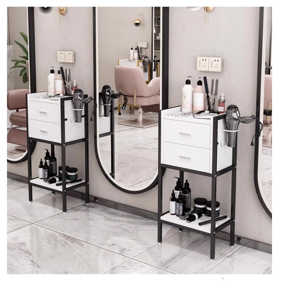 Zfmnoyev Hair Styling Salon Station with 2 Drawers, Beauty Hair Cabinet with Dryer Holder, Multifunctional Barber Storage Station, for Beauty Spa Barbershop(White-B)