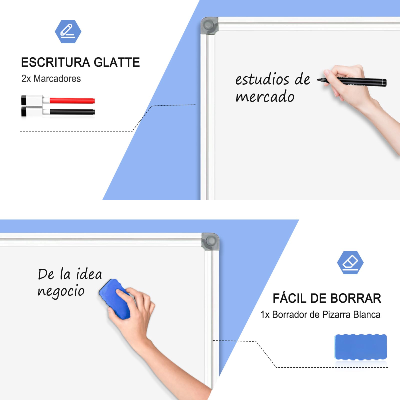DOLLAR BOSS Pizarra blanca magnética de 50 x 70 cm, pizarra magnética con 2 rotuladores para pizarra blanca, 8 imanes y 1 goma de borrar, para escuela, hogar y oficina