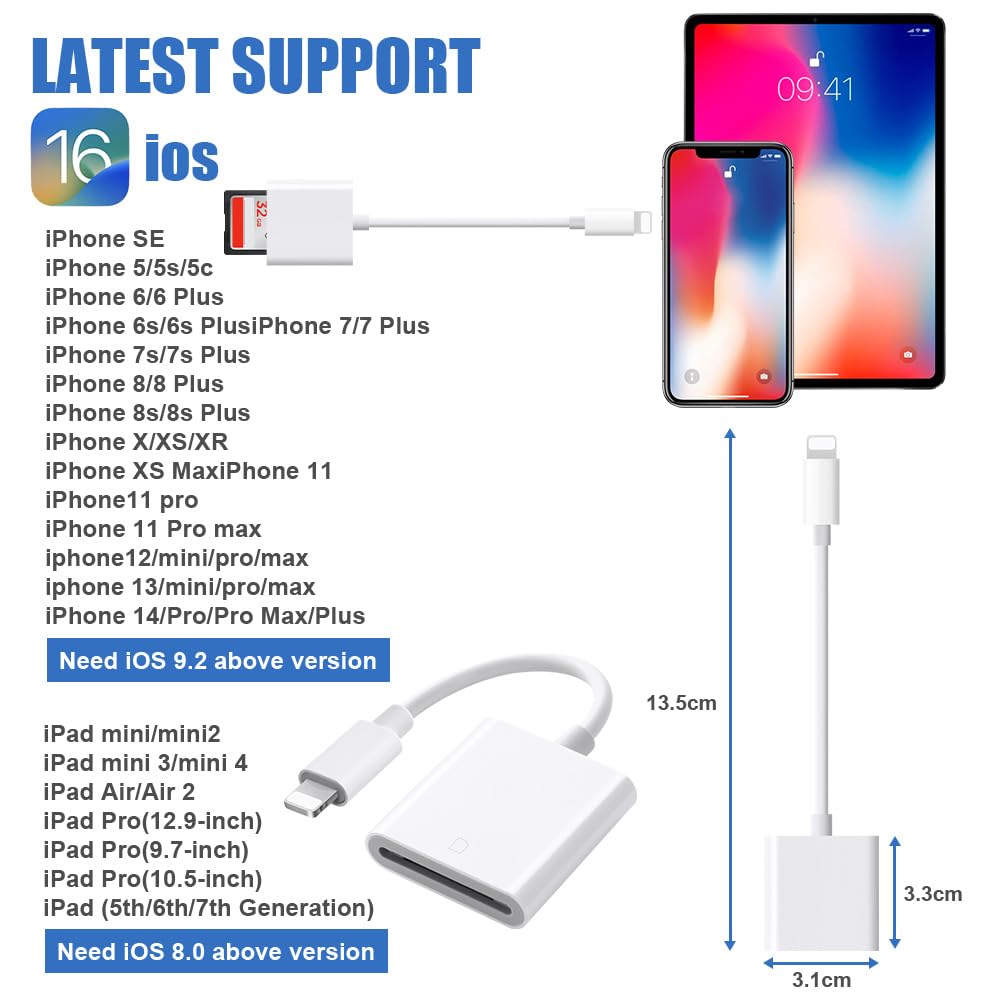AXFEE Lettore di Schede SD per iPhone, Light-ning a SD Card Reader Adattatore, Convertitore, Compatible con i-Phone 14/13/12/11/X/XS/XR/8/7, i-Pad Mini/Air/Pro
