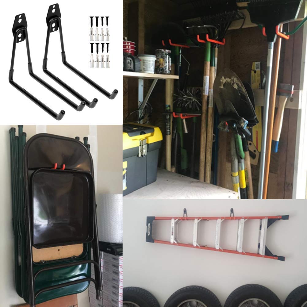 Robuste Garagenaufbewahrung, Doppelhaken, erweiterte Wandhalterung, Werkzeughalter für Leitern, Fahrrad, Stuhl (2 Stück, schwarz, 19,1 cm großer U-Haken)