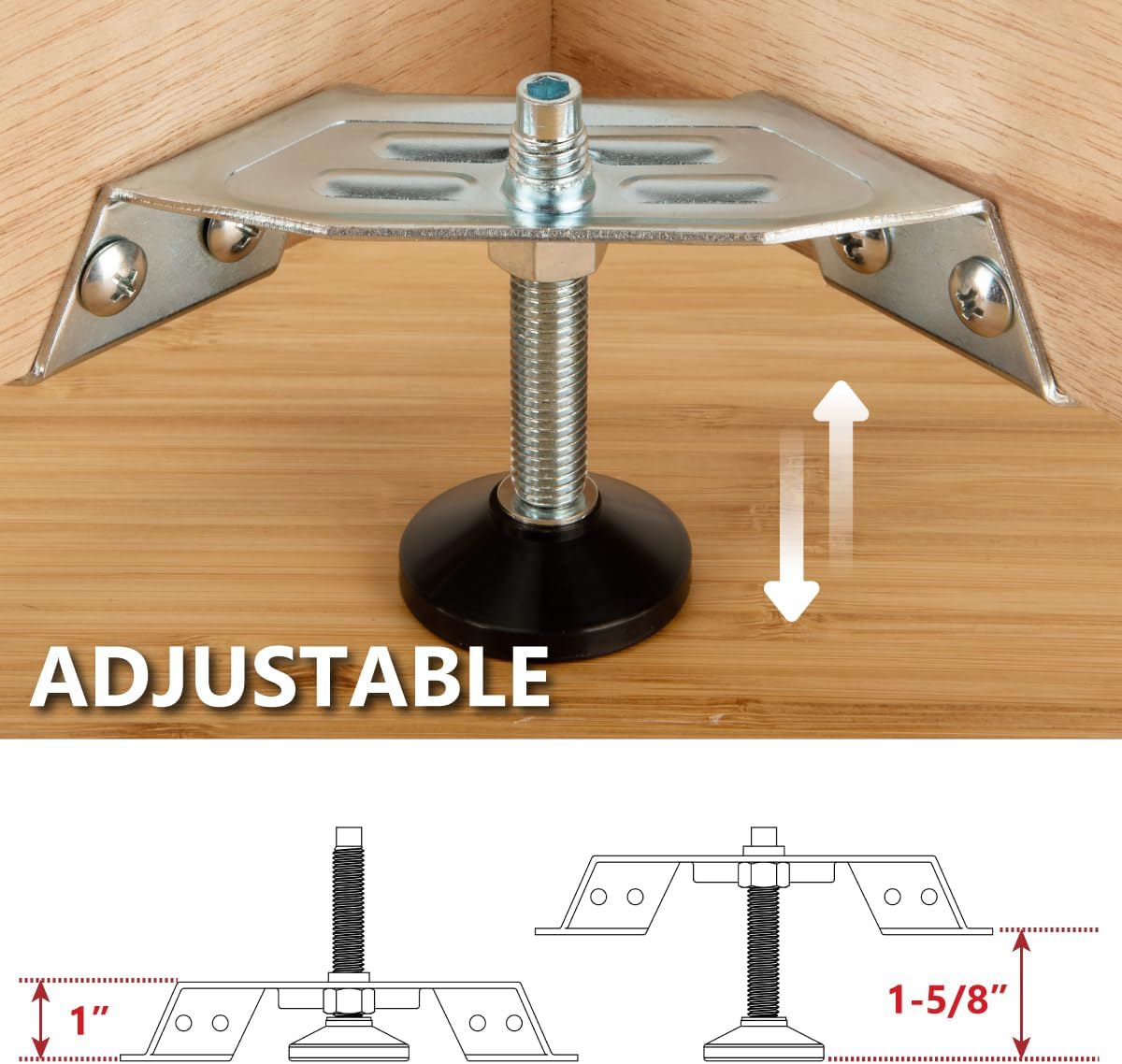 POWERTEC Corner Leveling Feet 4PK, Heavy Duty Adjustable Corner Bracket Levelers with Nylon Foot for Cabinets, Vanities, Furniture & Shelves (71157)