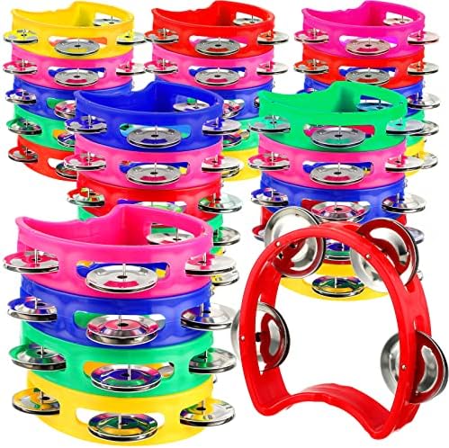 30 Pack Plastic Percussion Tambourine for Kids Noise Makers Tambourine Bulk 4 Bells Plastic Colored Handheld Tambourines Musical Rhythm Instrument for Adults Christian Kindergarten Family School Party