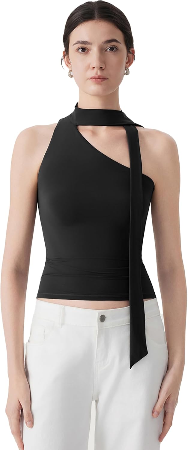 SUUKSESS Women Halter High Neck Tank Tops Off Shoulder Double Lined Going Out Shirts with Scarf