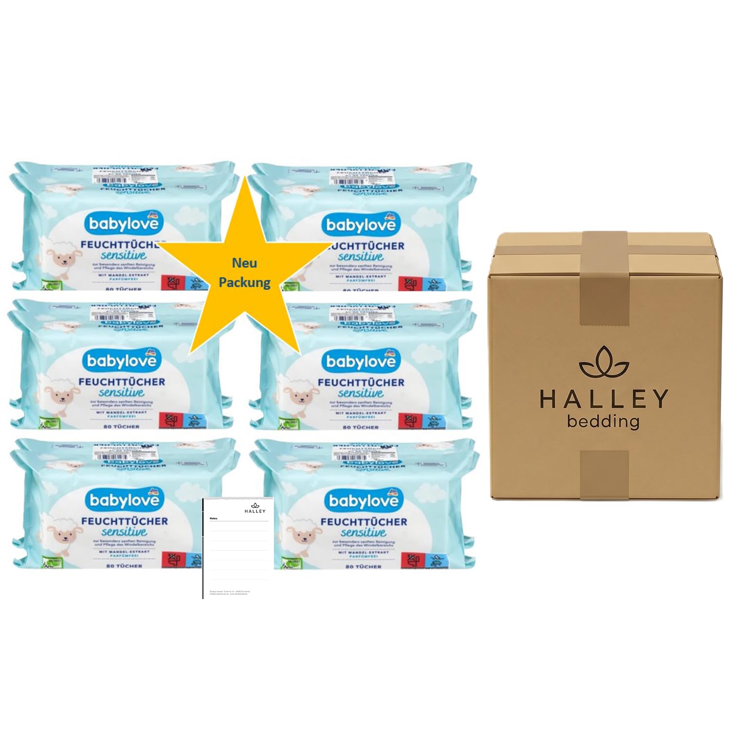Halley Bedding Bundle: Babylove Feuchttücher 960 Stk + Notizblock | 960 Feuchttücher (12x80). Sensitive, ohne Alkohol & Parfum. Vegan & pH-hautneutral. Ideal für sensible Babyhaut.